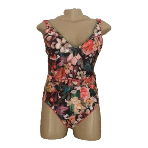 Becca by Rebecca One-Piece Belted Floral Pattern Swimsuit Size Small